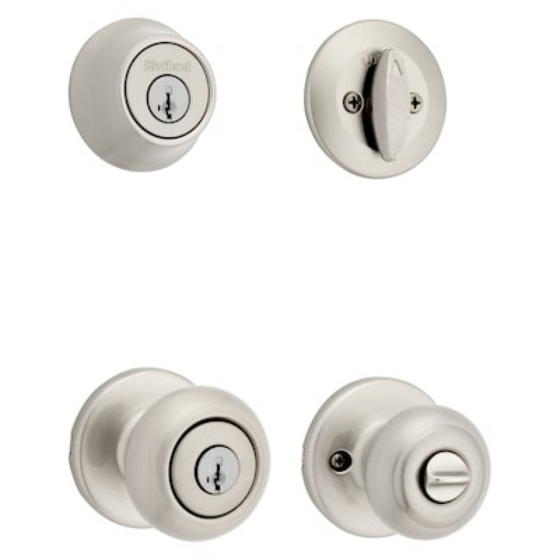 kwikset cove satin nickel exterior single-cylinder deadbolt and keyed entry door knob combo