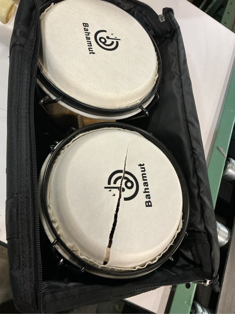 Condition photo showing As Is for BAHAMUT Bongo Drum Set, 6"+7" Wooden Bongos Gift for Adults Beginners, Ideal Percussion for Education and Practice, Comes with Tuning Wrench & Waterproof Bag 6”+7“ Blue