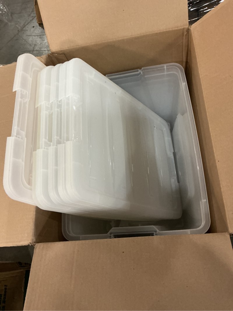 Condition photo showing Good Condition for IRIS USA 54 Qt Stackable Plastic Storage Bins with Lids, 6 Pack - BPA-Free, Made in USA - See-Through Organizing Solution, Latches, Durable Nestable Containers, Secure Pull Handle - Clear Clear 54 Qt 6 Pack