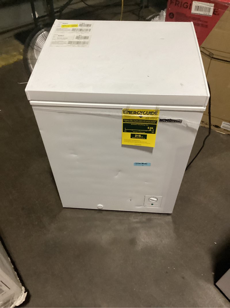 Condition photo showing As Is for 5 Cu.Ft Chest Freezer, Small Compact Deep Freezer with Adjustable 7 Thermostat,2 Removable Baskets, Energy Saving, Quiet Top Open Door Mini Meat Freezer with LED Light for Garage Outdoor Home Office 7 CU.FT