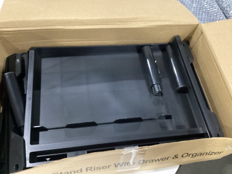 Condition photo showing Good Condition for wali computer monitor stand with storage, desk organizer with drawer and pen holder, desk monitor riser 3 height adjustable, laptop riser for computer, laptop, printer(ptt003-b), 1 pack, black matte black with drawer and pen holder