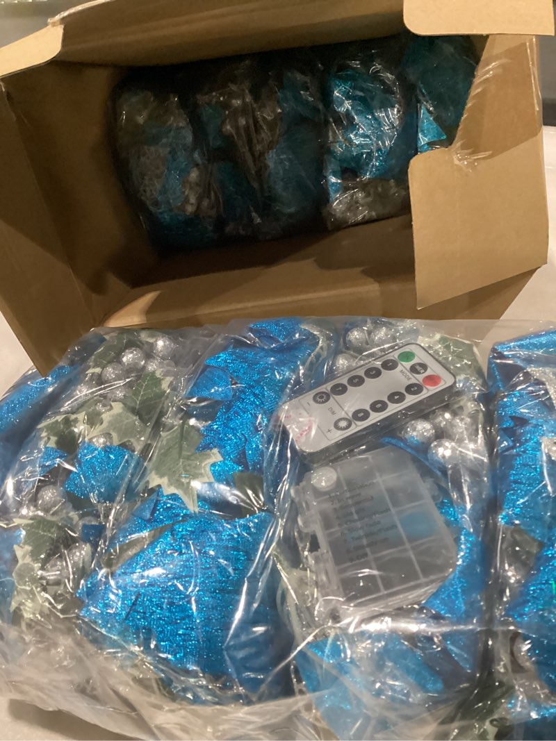 Condition photo showing New/Like New for 10 Set Poinsettia Garland with Lights - Bulk Prelit Artificial Poinsettia with Holly Leaves Berries Garland Decoration for Holiday Wedding Party Decor(Gold)