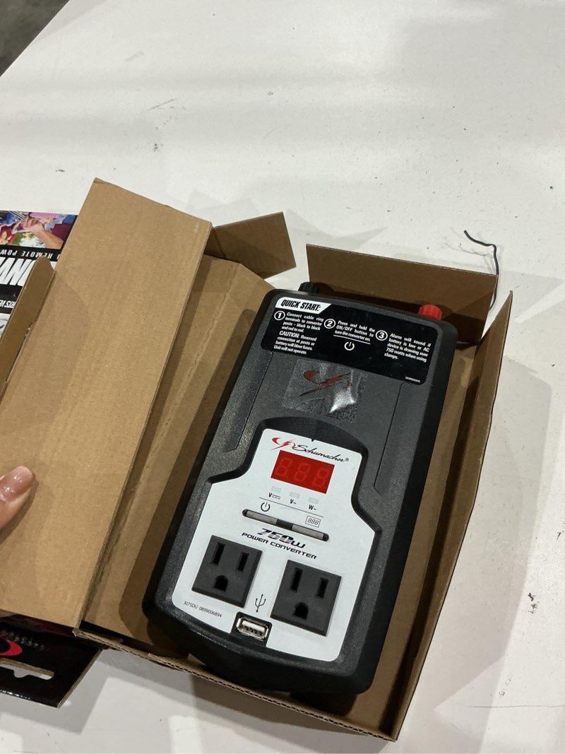 Condition photo showing As Is for schumacher electric 750-watt power inverter with gfci safety circuit, converts vehicle power to 120vac household power