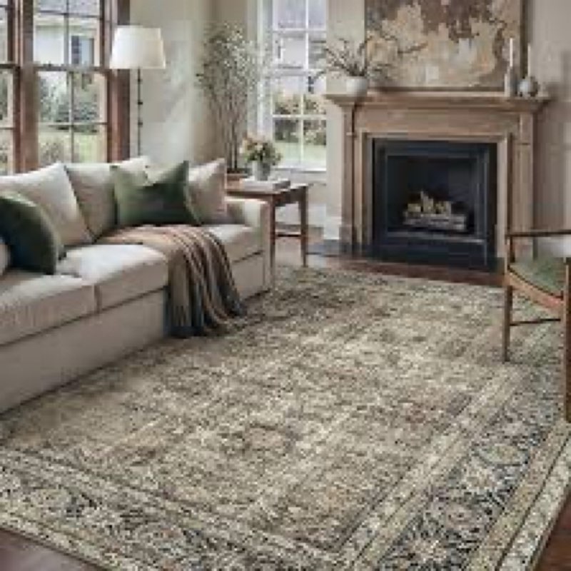  purecozy 8x10 area rug for living room brown vintage washable bedroom... slip indoor large accent rug retro thin low pile floor cover for dining room