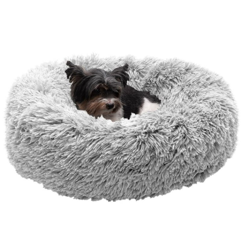 furhaven 23" round calming donut dog bed with washable & removable cover & bolster - shaggy plush long faux fur ball bed - mist gray, for dogs up to 20 lbs, small
