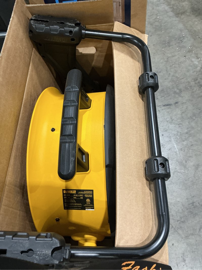 Condition photo showing As Is for dewalt 18 in. 20v cordless ac/dc hybrid 3-speed drum yellow fan with adapter cord (tool only)