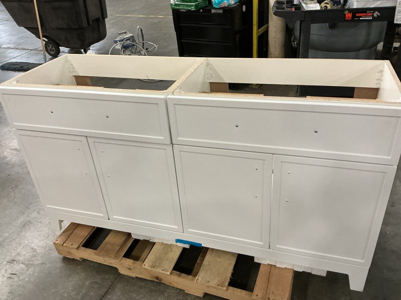 Condition photo showing As Is for Style Selections Potter 60-in White Double Sink Bathroom Vanity