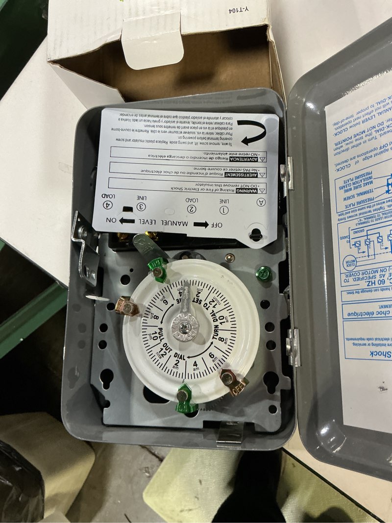 Condition photo showing As Is for T104 24-Hour Mechanical Time Switch Pool Pump Timer with Metal Enclosure, 208-277V, 40A, 60Hz, DPST, 12 ON/Off Operations, Manual Override Included Trippers, Reliable Control for Various Loads