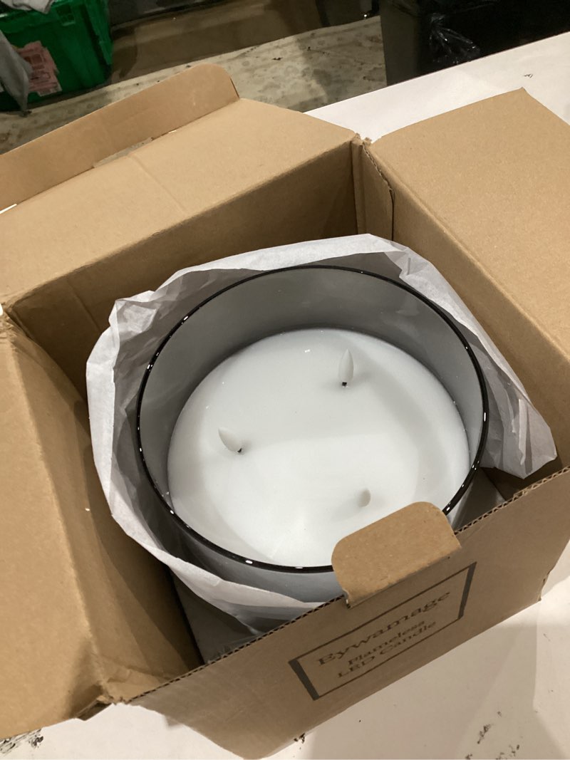 Condition photo showing As Is for eywamage 3 wick smoke grey glass flameless led candle with remote, flickering large battery pillar candle decor ? 6" h 6"