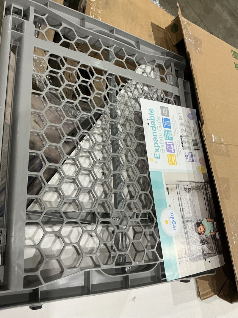 Condition photo showing Good Condition for regalo safety 26”-42" extra wide baby gate for doorways & bottom of stairs, pressure mount safety gate for babies, toddlers & pets, for ages 6-24 months, tested & trusted, family owned plastic