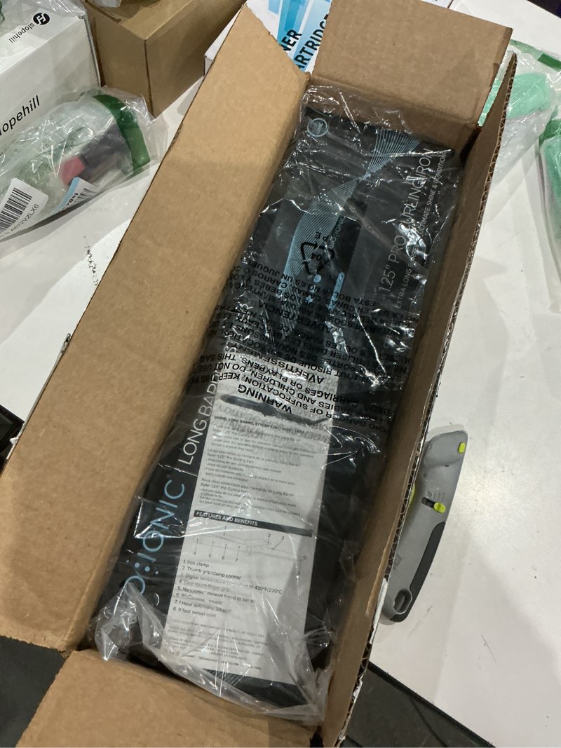 Condition photo showing New/Like New for bio ionic long barrel curling iron with moisture heat technology & nanoionic mx versatile curling wand - multiple barrel sizes for tight, classic, loose & soft curls 1.25 inch (loose curls) black