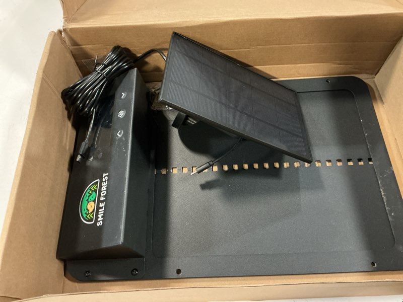 Condition photo showing As Is for automatic chicken coop door with lcd display, solar chicken coop door with multiple modes & usb-c charging, automatic chicken door with light sensor & timer black