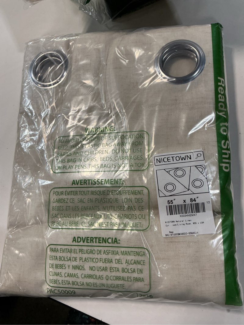 Condition photo showing New/Like New for NICETOWN Natural Linen Curtains 84 inch Long 2 Panels Set, Grommet Top Thick Linen Burlap Semi Sheer Vertical Drapes Privacy Assured with Light Filtering for Bedroom/Living Room, W55 x L84 Natural 55"W x 84"L (Pack of 2)