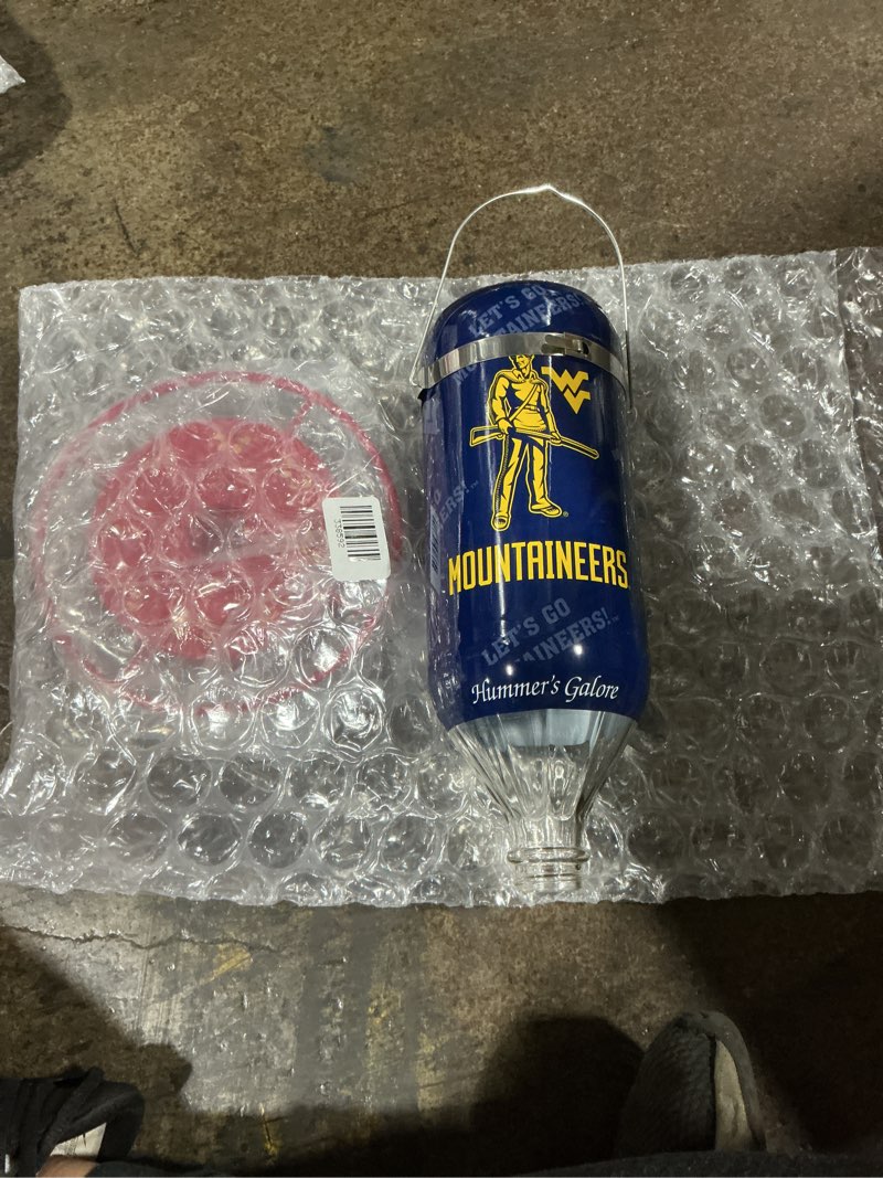 Condition photo showing New/Like New for Hummer's Galore, NCAA College Football Hummingbird Feeder, Glass Hummingbird Feeder with UV Resistant Plastic Wrap for Outdoors Hanging, 32 oz, (West Virginia Mountaineers)