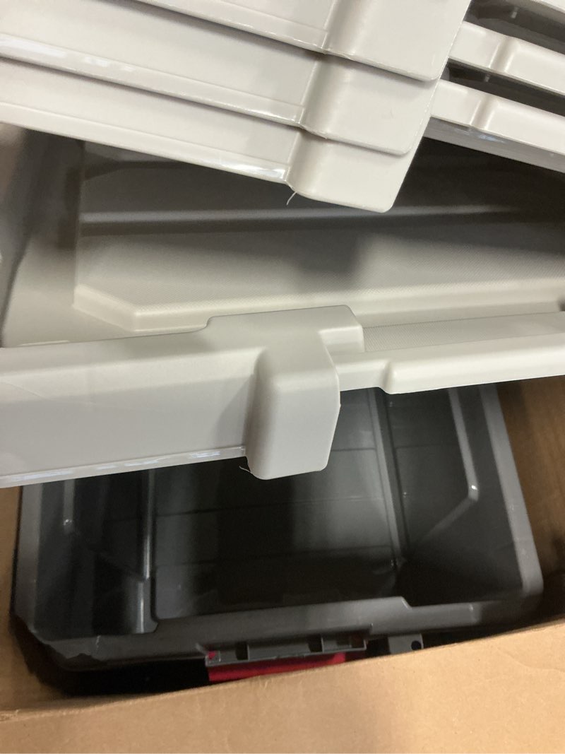 Condition photo showing As Is for IRIS USA 20 Gallon Lockable Storage Totes with Lids, 6 Pack - Gray, Heavy-Duty Durable Stackable Containers, Large Garage Organizing Bins Moving Tubs, Rugged Sturdy Equipment Utility Tool Box