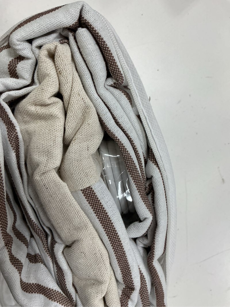 Condition photo showing New/Like New for farmhouse shower curtain linen beige button woven fabric country rustic western, pleated brown stripe 72" w x 78" l button-brown stripe 72"w x 78"l
