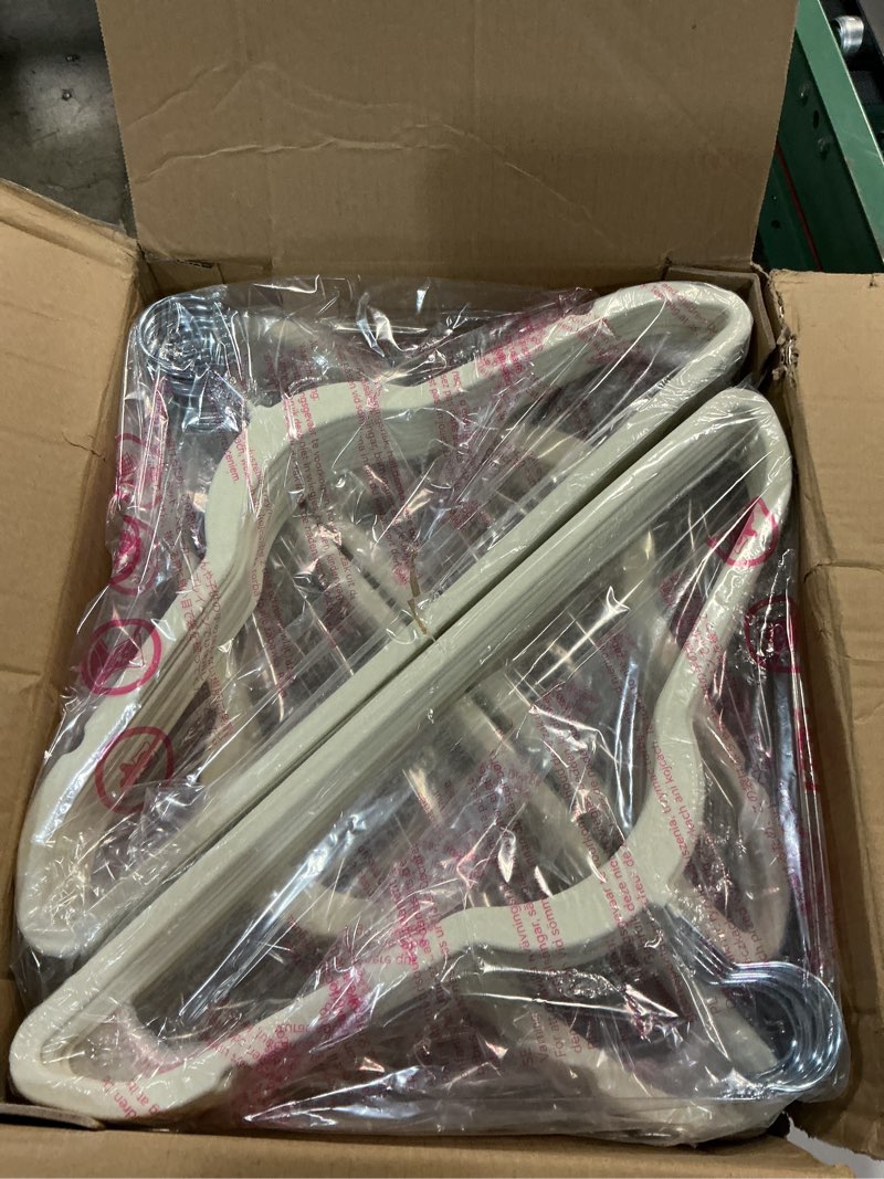 Condition photo showing New/Like New for HOUSE DAY Premium Velvet Hangers 100 Pack, Non-Slip Clothes Hangers Ivory - Durable and Sturdy Felt Hanger, Velvet Hanger for Coat, Pants & Dress Slim Space Saving for Closet Organizer 100 Pack Ivory/ Silver