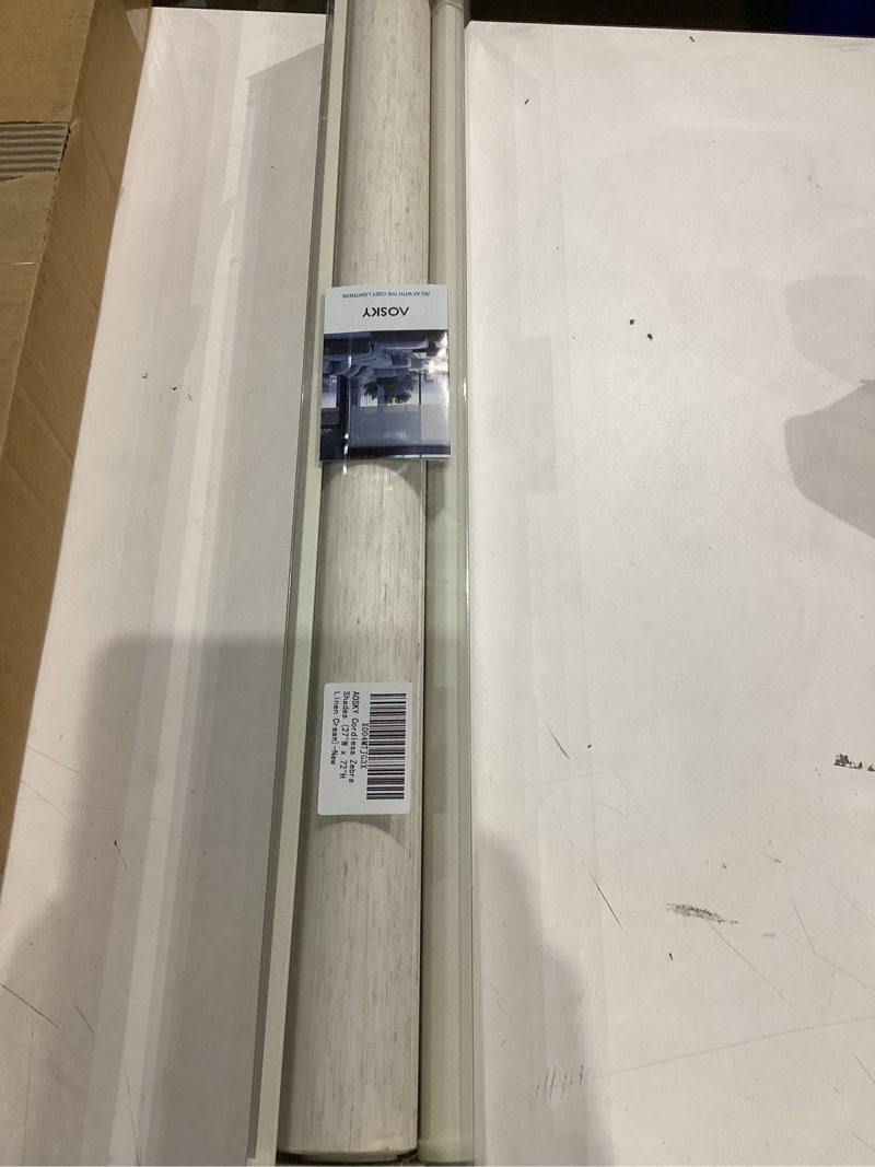Condition photo showing New/Like New for AOSKY Cordless Zebra Blinds for Windows Pull Down Roller Window Shades Dual Layer Light Filtering Privacy for Day and Night, Free-Stop Door Shades for Home Easy to Install Linen Cream 27" W X 72" H 27"W x 72"H Linen Cream