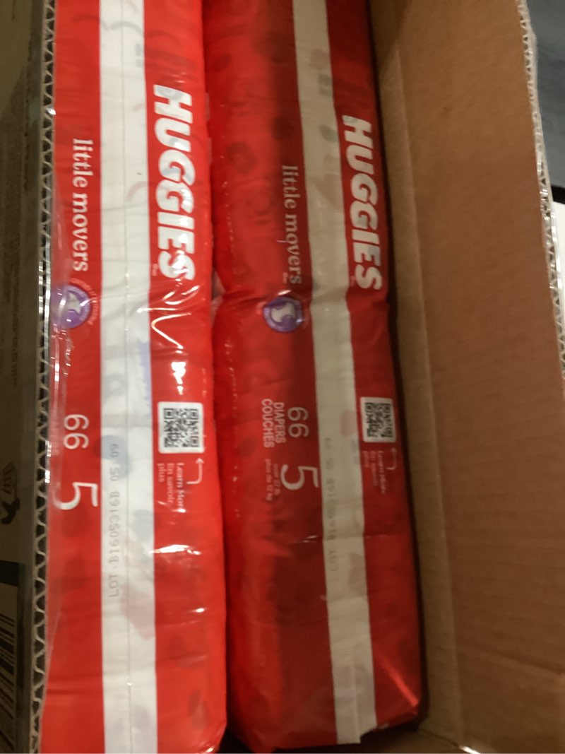 Condition photo showing New/Like New for huggies size 5 diapers, little movers baby diapers, size 5 (27+ lbs), 132 count (2 packs of 66), packaging may vary size 5 132