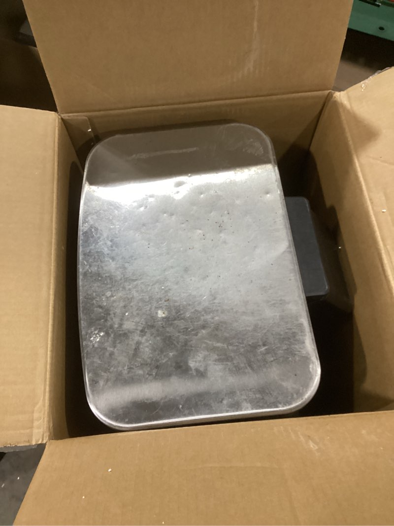 Condition photo showing As Is for Amazon Basics Smudge Resistant Rectangular Trash Can With Soft-Close Foot Pedal, Brushed Stainless Steel, 50L/13.2 Gal, 16.7x14.7x25.9 in, Satin Nickel Finish Satin Nickel Big, 50L/13.2 Gal