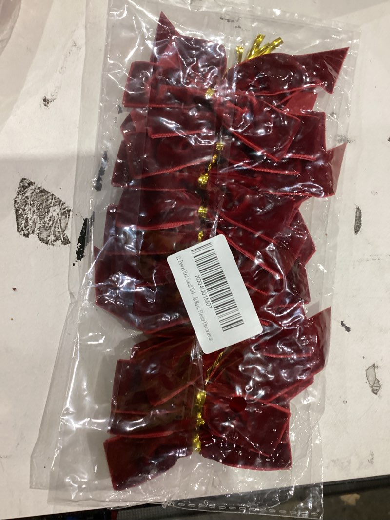 Condition photo showing New/Like New for 12 Pcs Burgundy Small Velvet Christmas Bows for Christmas Tree, Wreath, Gift Wrapping, Crafts, Wedding, Party, Twist Tie Bows for Treat Bag Bakery Candy Bags, Home Decor(3/5'' Wide, 3 * 5 inch)