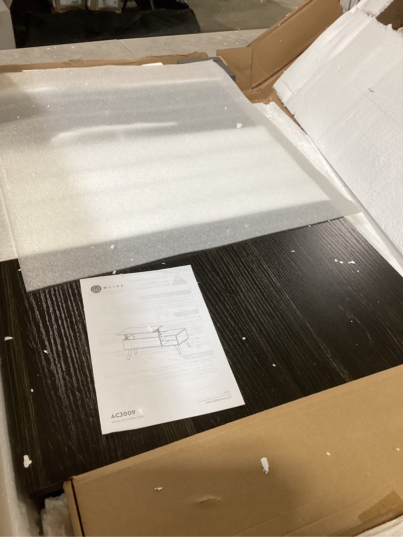 Condition photo showing As Is for Incomplete WLIVE Wood Lift Top Coffee Table with Hidden Compartment and Adjustable Storage Shelf, Lift Tabletop Dining Table for Home Living Room, Office, Charcoal Black