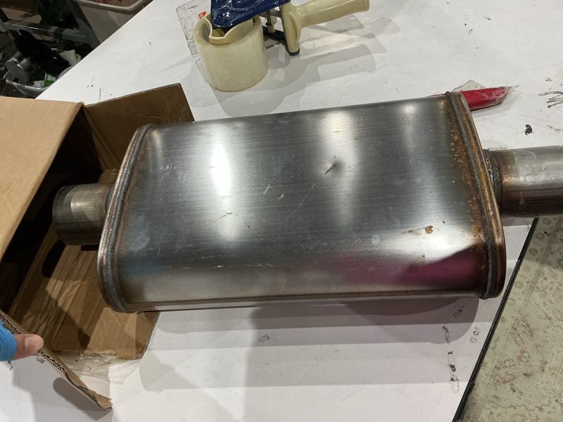 Condition photo showing As Is for lcgp 2.5inch universal muffler, performance chamber exhaust muffler, 2.5" center in/out, 20" overall length straight-through performance with stainless steel muffler for truck, cars(2.5''inlet/outlet) 2.5 inch center in / center out