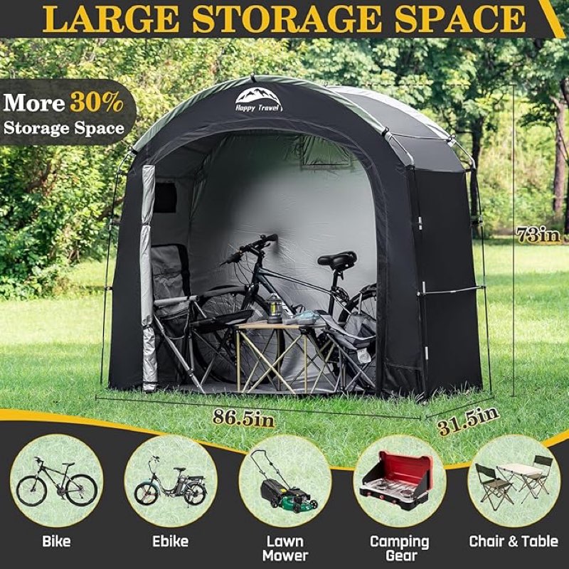 happy travel bike storage shed tent, waterproof portable bicycle cover with 30% more top storage space for 2/3/4/8 bikes,clips easy setup outdoor sheds shelter for motorcycle, garden tools, lawn mower
