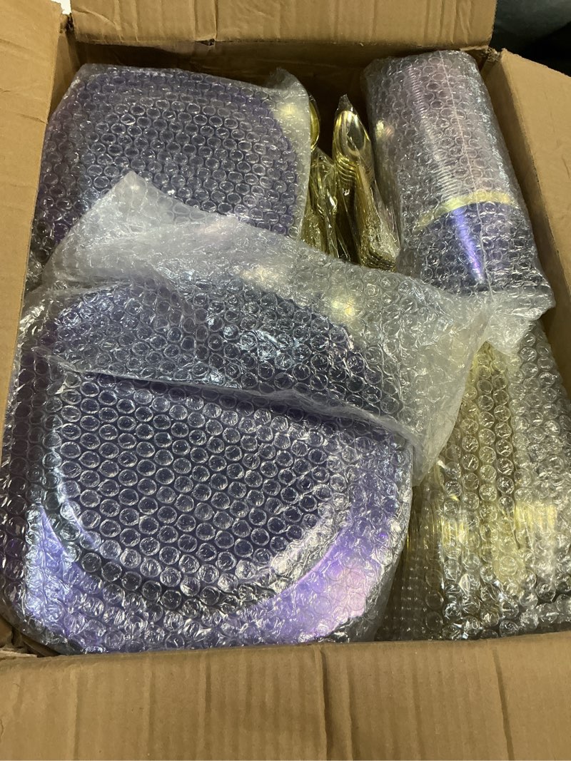 Condition photo showing New/Like New for 700pcs clear purple plastic plates for 100 guests, disposable plate with gold trim include 100 dinner plates, 100 dessert plates, 100 gold silverware, cups and napkins for party, graduation 100 guests purple