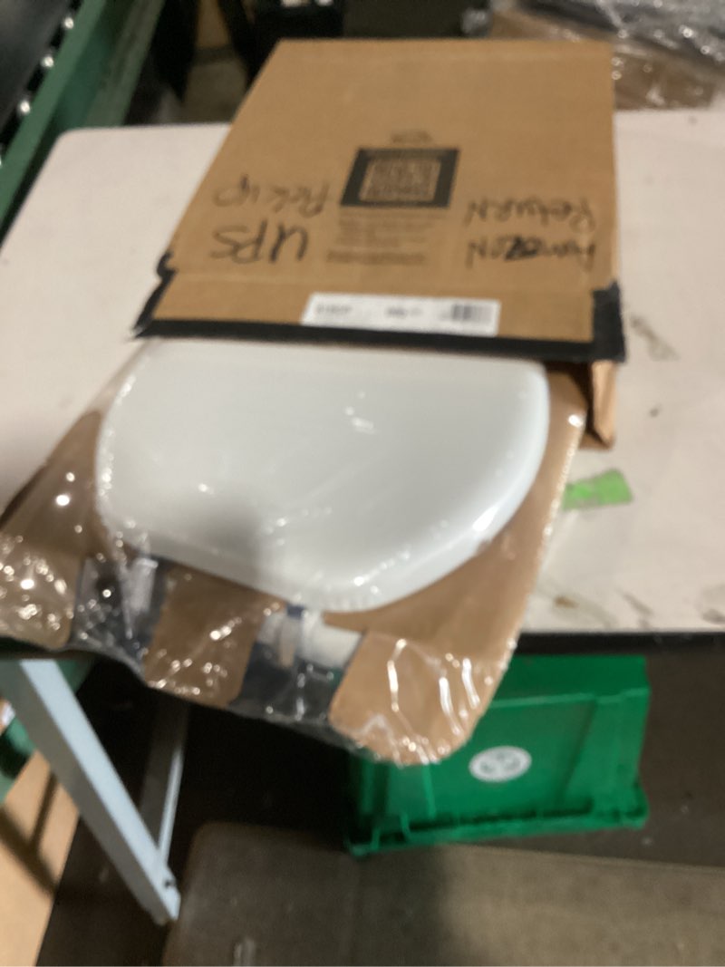 Condition photo showing New/Like New for mayfair padded toilet seat with chrome hinges, soft vinyl over wood core seat, made in usa, round, white elongated seat