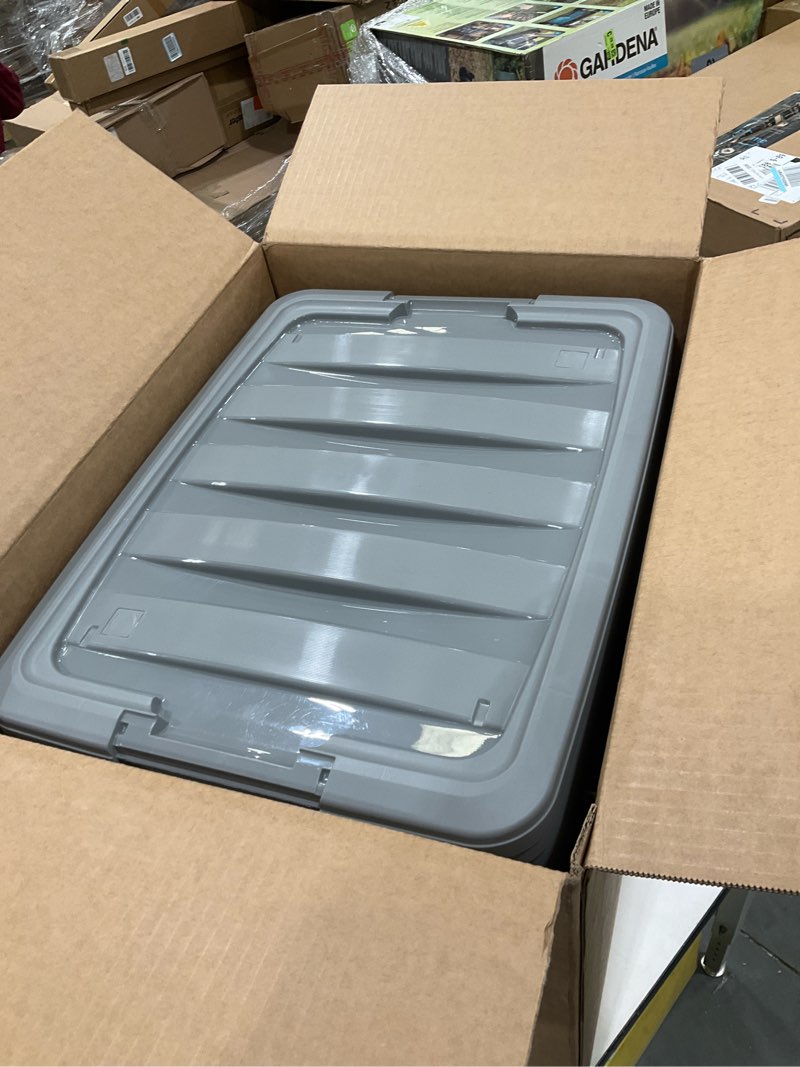 Condition photo showing Good Condition for Amazon Basics Plastic Storage Containers with Secure Latching Lids, Stackable Organization Bins, Clear/Grey, 32 Quart, Set of 6 32 Qt. - 6 Pack