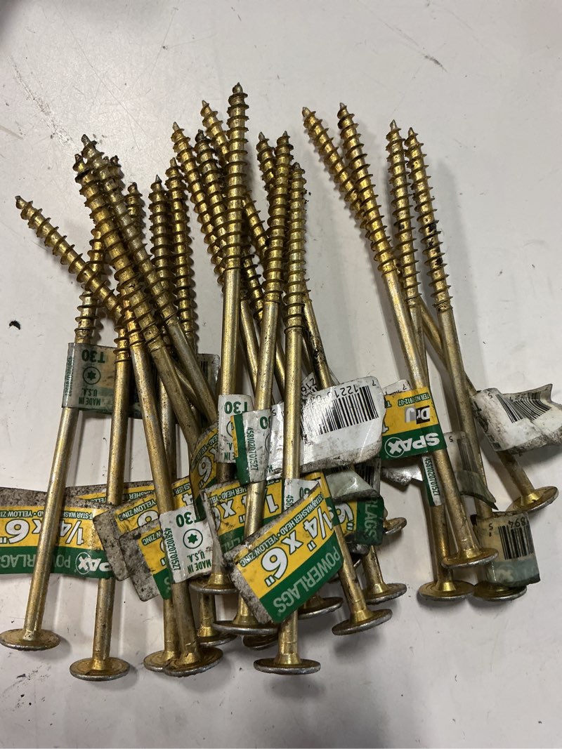 Condition photo showing As Is for spax 1/4-in x 6-in yellow/gold zinc-plated washer-head interior structural wood screws(20 count)