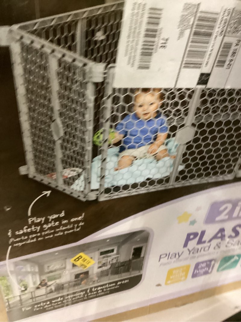 Condition photo showing New/Like New for Regalo Plastic 192-Inch Super Wide Adjustable Baby Gate and Play Yard, 4-in-1, Bonus Kit, Includes 4 Pack of Wall Mounts Gray