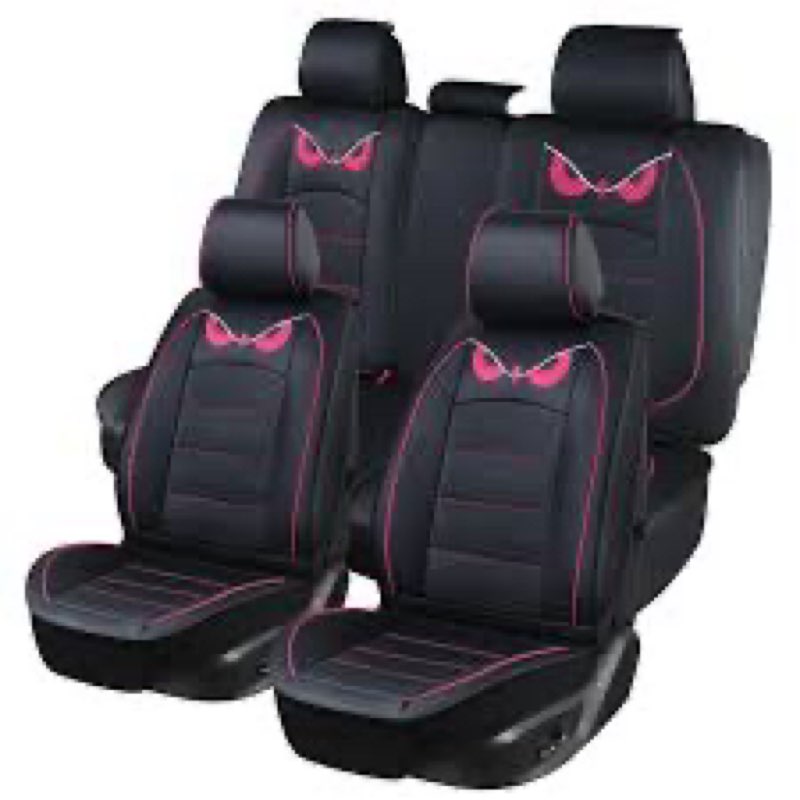 ptowl cartoon full set universal fit 5 seats car surrounded waterproof leather car seat covers protector adjustable removable auto seat cushions (black and pink )