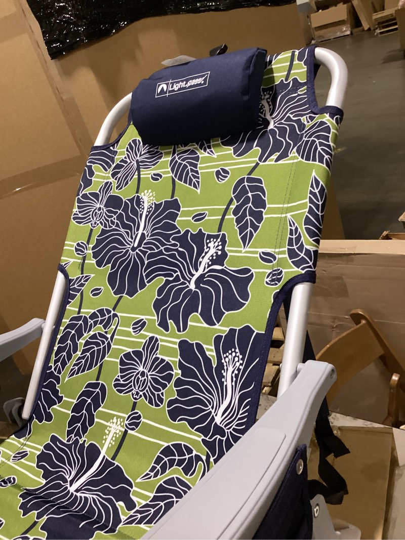 Condition photo showing As Is for (dark blue) lightspeed outdoors eco ultimate backpack beach chairs for adults | reclining beach chair backpack with adjustable padded headrest | folding and portable chair | 1 piece | deep tropics