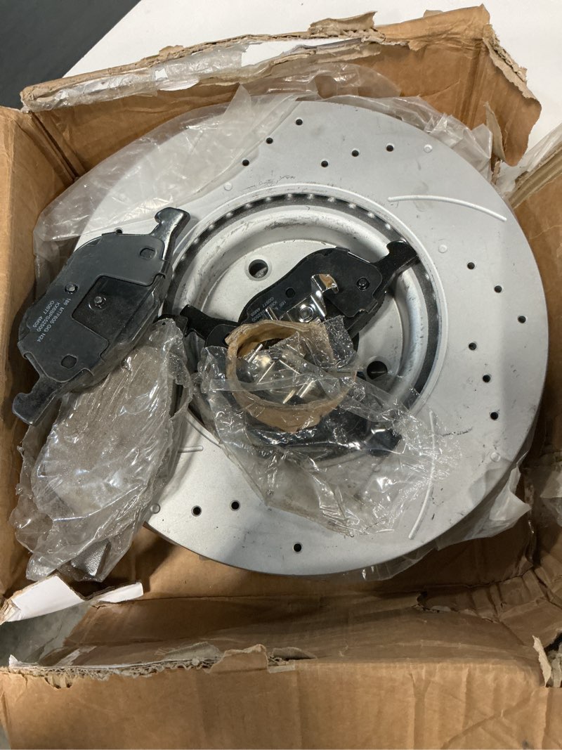 Condition photo showing As Is for KAX Front Brake Kit, Drilled and Slotted Brake Rotors, Ceramic Brake Pads | Fits Mazda 3 2004-2009 2.3L, Mazda 5 2006-2010 2012, Mazda 3 2010-2013 2.5L, Automotive Replacement Brake Kit Drilled&Slotted Front-31363+D1044