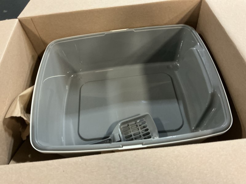 Condition photo showing Good Condition for amazon basics large cat litter box with high sides, open top for easy access, includes scoop with storage, 19" x 15" x 11.75", grey/beige grey/beige open top