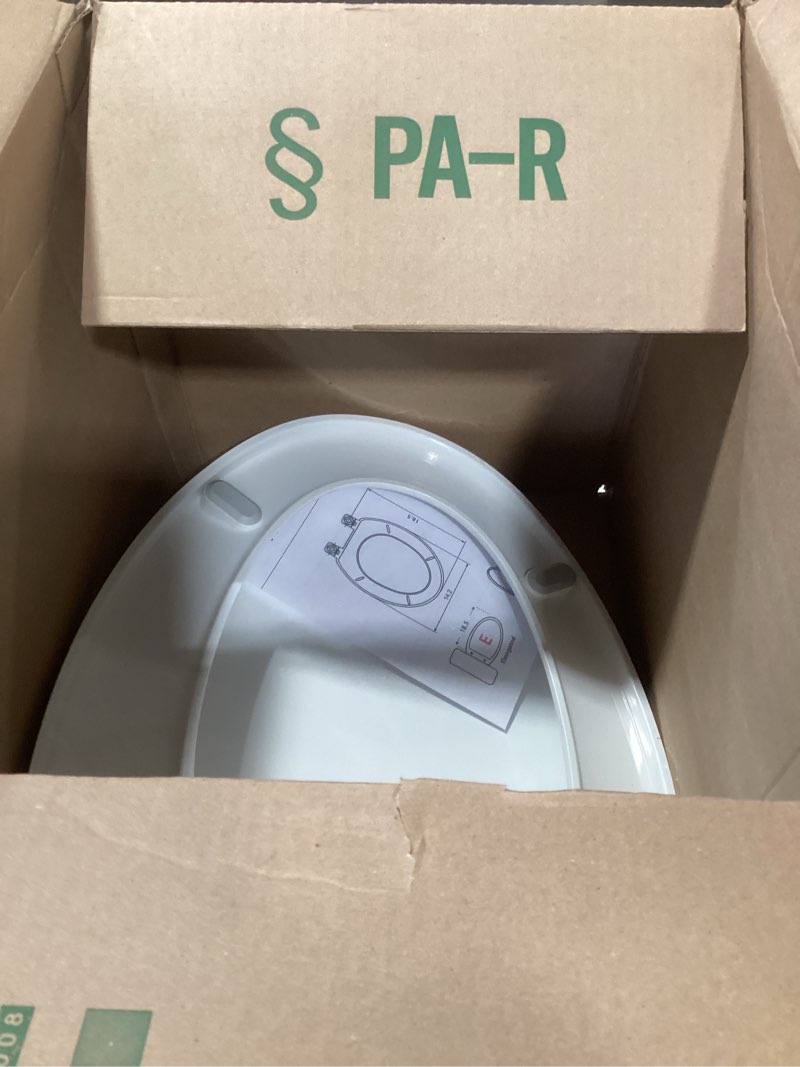 Condition photo showing As Is for elongated toilet seat, 18.5” soft/slow close oval (oblong) toilet seat for elongated toilets, no-slam quiet-close lid, easy-to-install & clean, durable never-loosen white plastic seat white elongated(oval)