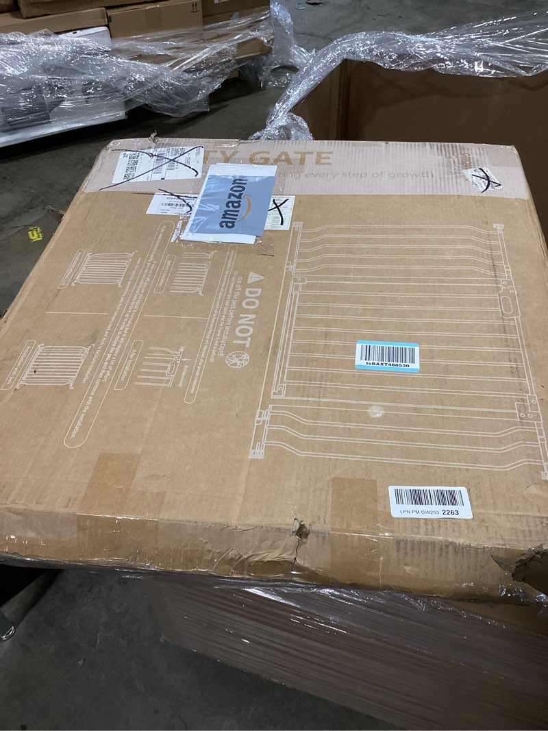 Condition photo showing As Is for mom's choice-grownsy baby gate for stairs, 29.5"-48.4" pressure mounted baby gate for top of stair&doorway with v-shaped rods, anti-trip pedal, extra wide stairs dog gate easy install w/red reminder white 29"-48"*30"