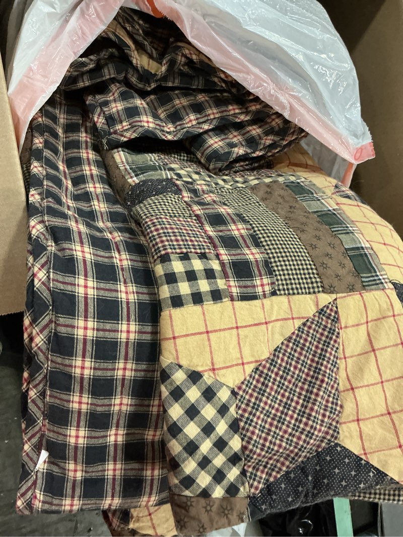 Condition photo showing Good Condition for vhc brands bingham star king quilt 110wx97l country patchwork design, soft black and tan