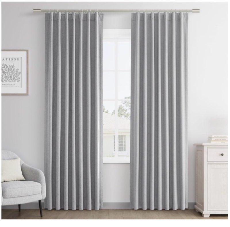 dark grey pinch pleated 100% blackout linen curtains 112 inches long for bedroom pinch pleat curtain