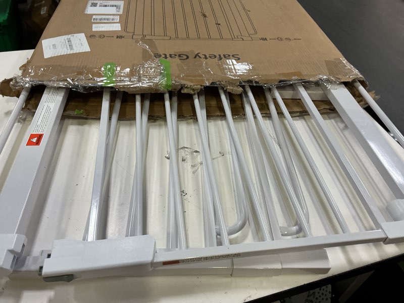 Condition photo showing As Is for wide baby gate for stairs 29.8-53.4 inch pressure mounted, auto close child baby gates for doorways no drill, walk through dog gate indoor for the house, white