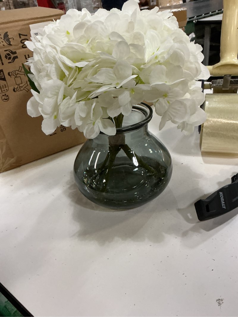 Condition photo showing New/Like New for hollyone hydrangea artificial flowers with glass vase white silk faux flowers arrangements with faux water fake floral bulk bouquet for home decor table centerpiece decorations hydrangea, white and black