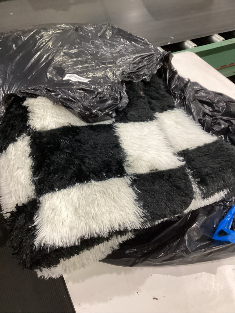 Condition photo showing As Is for andency 4x6 ft black and white area rug for living room classic checkered shaggy rug non-slip high pile soft fluffy rug fuzzy carpet bedroom kids toddler room nursery playroom, cute dorm home decor