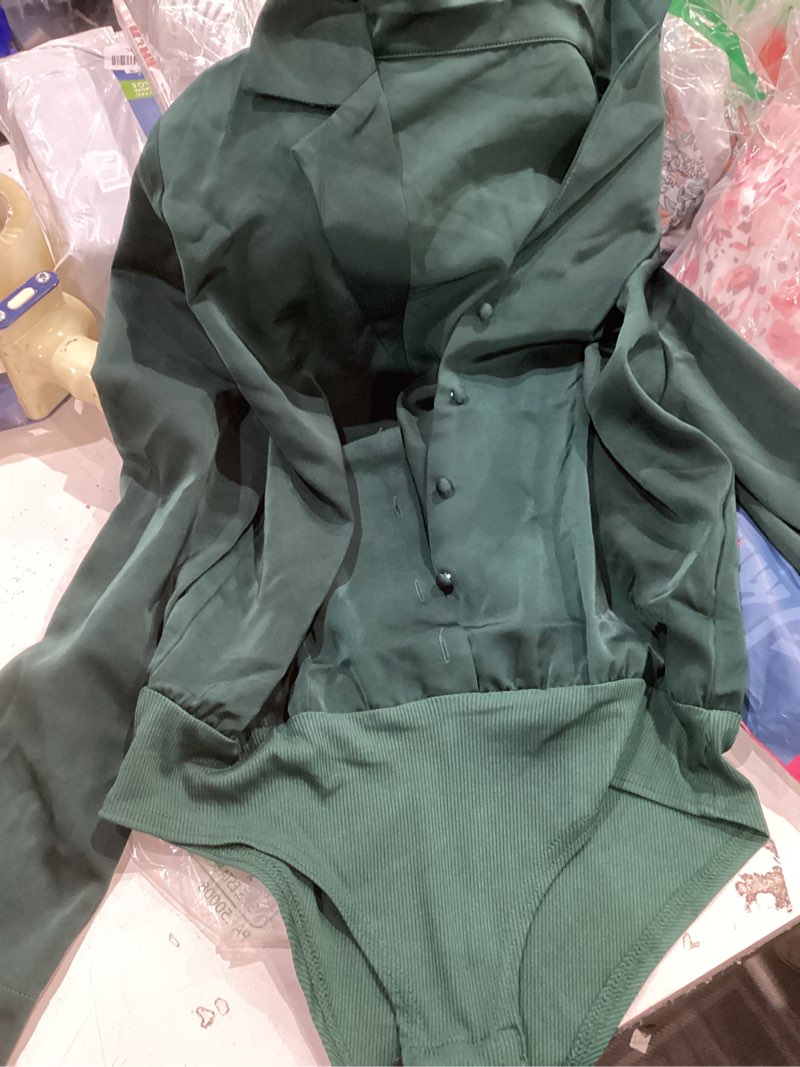 Condition photo showing Good Condition for allegra k satin business bodysuit for women's long sleeve notched lapel button down shirt x-small dark green
