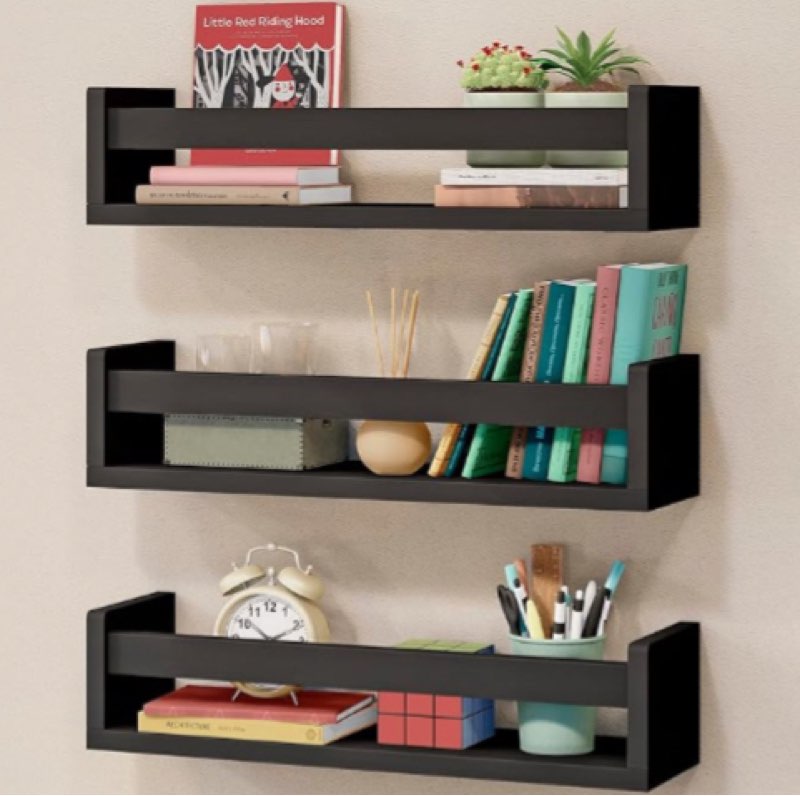 NATURE SUPPLIES Nursery Book Shelves, Set of 3 Floating Bookshelves for Wall for Nursery Decor & Playroom Decor, Book Shelf Wall, Wall Bookshelf Kids, Baby Book Shelf Organizer for Kids (Black)