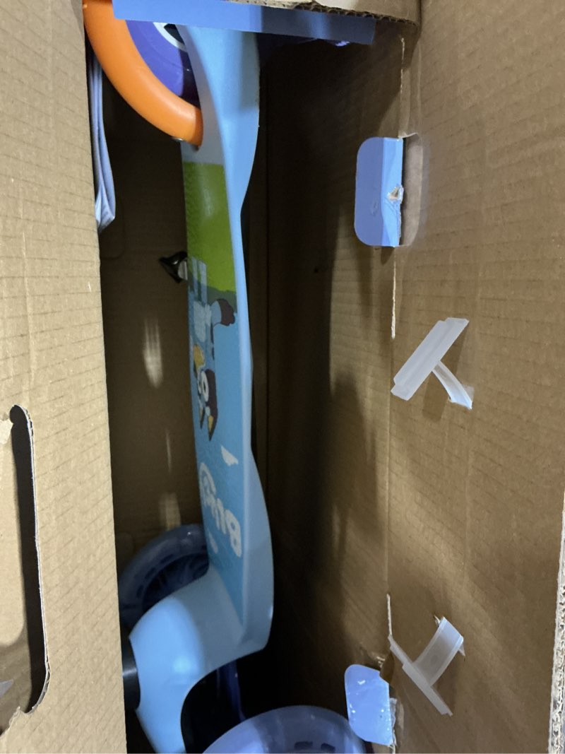 Condition photo showing Good Condition for self balancing kick scooter with light up wheels, extra wide deck, 3 wheel platform, foot activated brake, 75 lbs limit, kids & toddlers girls or boys, for ages 3 and up bluey