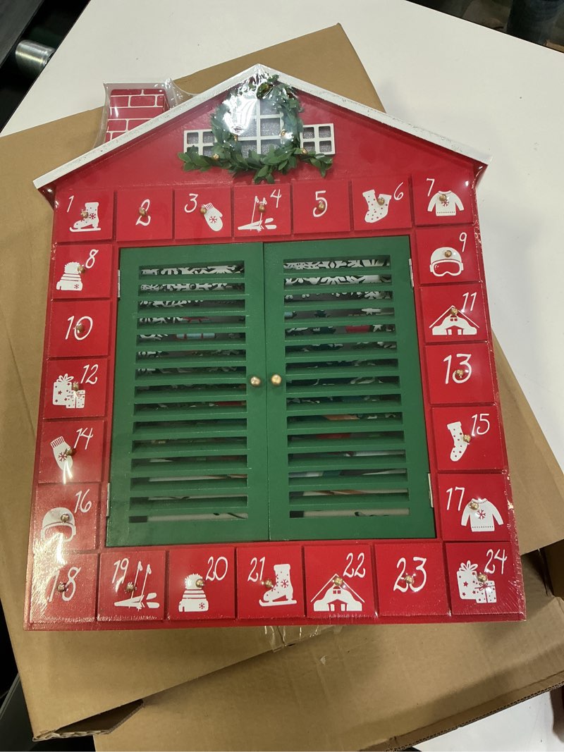 Condition photo showing New/Like New for Wooden Christmas Advent Calendar with LED Lights – 24 Countdown Drawers and Ski-Themed, Light-Up Chalet Design, Battery Operated, 15.1"x2.4"x18.3"