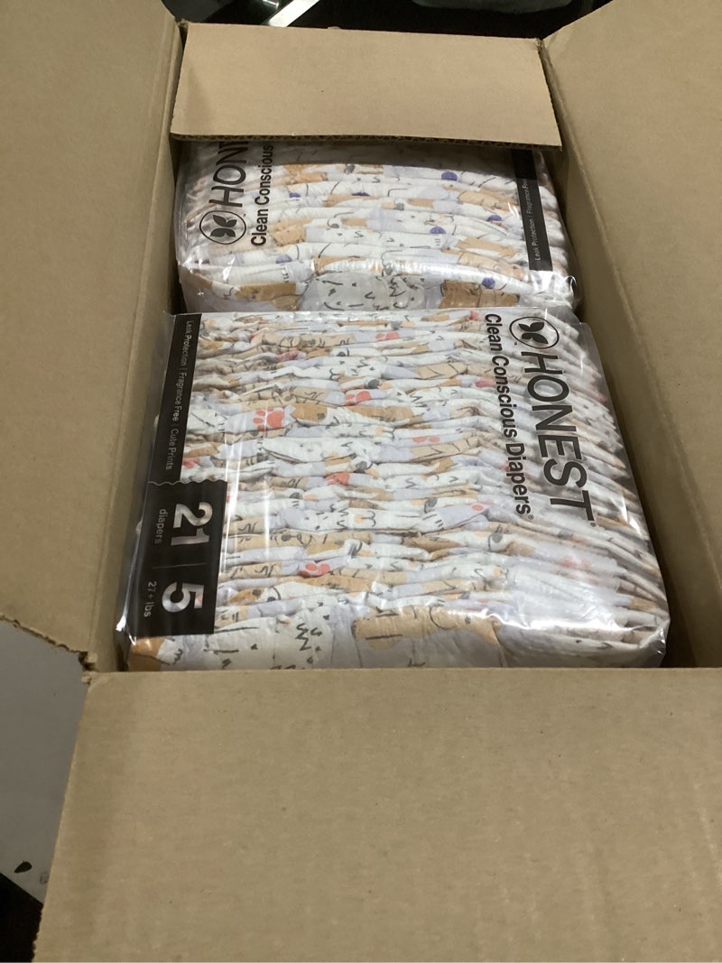 Condition photo showing New/Like New for The Honest Company Clean Conscious Diapers for Sensitive Skin, Up to 100% Leakproof Hypoallergenic Fragrance-Free Baby Diapers, Gender Neutral Prints, Super Club Box, Size 5 (27+ lbs), 84 Count Size 5 (84 Count) All the Letters + It's a Pawty