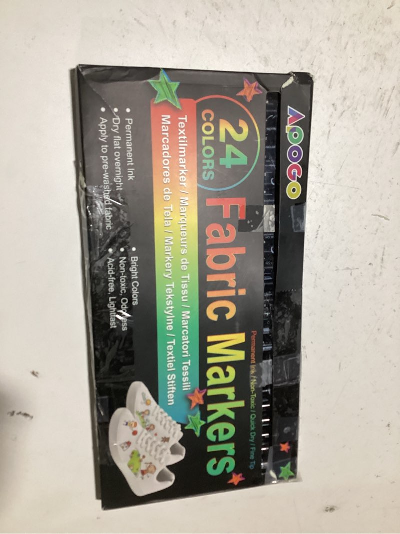 Condition photo showing Good Condition for Fabric Markers Permanent For Clothes, 24 Colors Fabric Paint Pens -Waterproof & Machine Washable, Paint Markers for T-Shirt, Canvas Shoes,Bags,Baby Onesies, Fine Tip Clothing Marker for Laundry Marker
